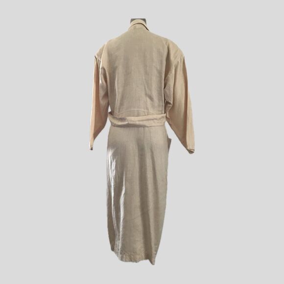 Vintage 1980s Butter Yellow Neutral Linen Dolman Sleeve Chic Midi Shirt Dress L - Picture 5 of 10